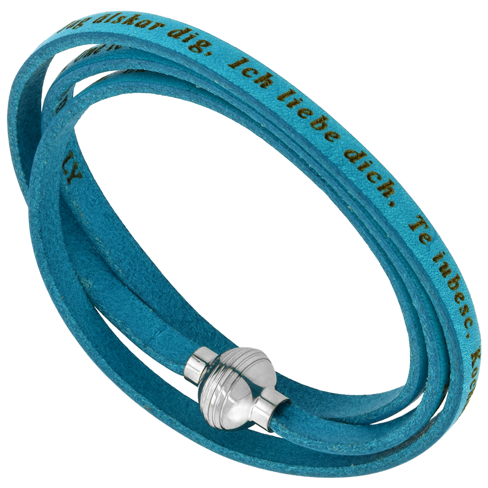 Italian Full Grain 3 Wrap Turquoise Leather I Love You Bracelet Stainless Steel Magnetic Clasp 22.5 Inch