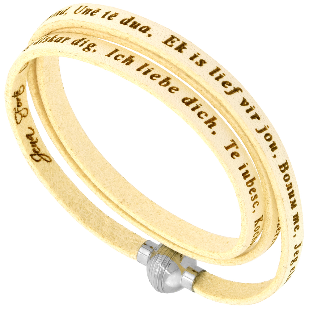 Italian Full Grain 3 Wrap White Leather I Love You Bracelet Stainless Steel Magnetic Clasp 22.5 Inch