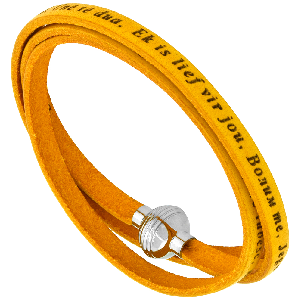 Italian Full Grain 3 Wrap Yellow Leather I Love You Bracelet Stainless Steel Magnetic Clasp 21 inch