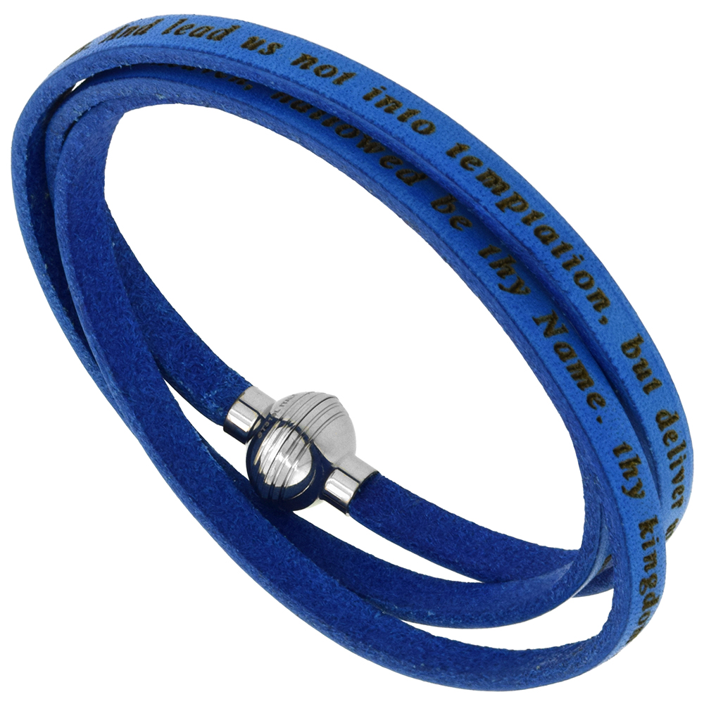 Italian Full Grain 3 Wrap Blue Leather Lords Prayer Bracelet Stainless Steel Magnetic Clasp 24 inch