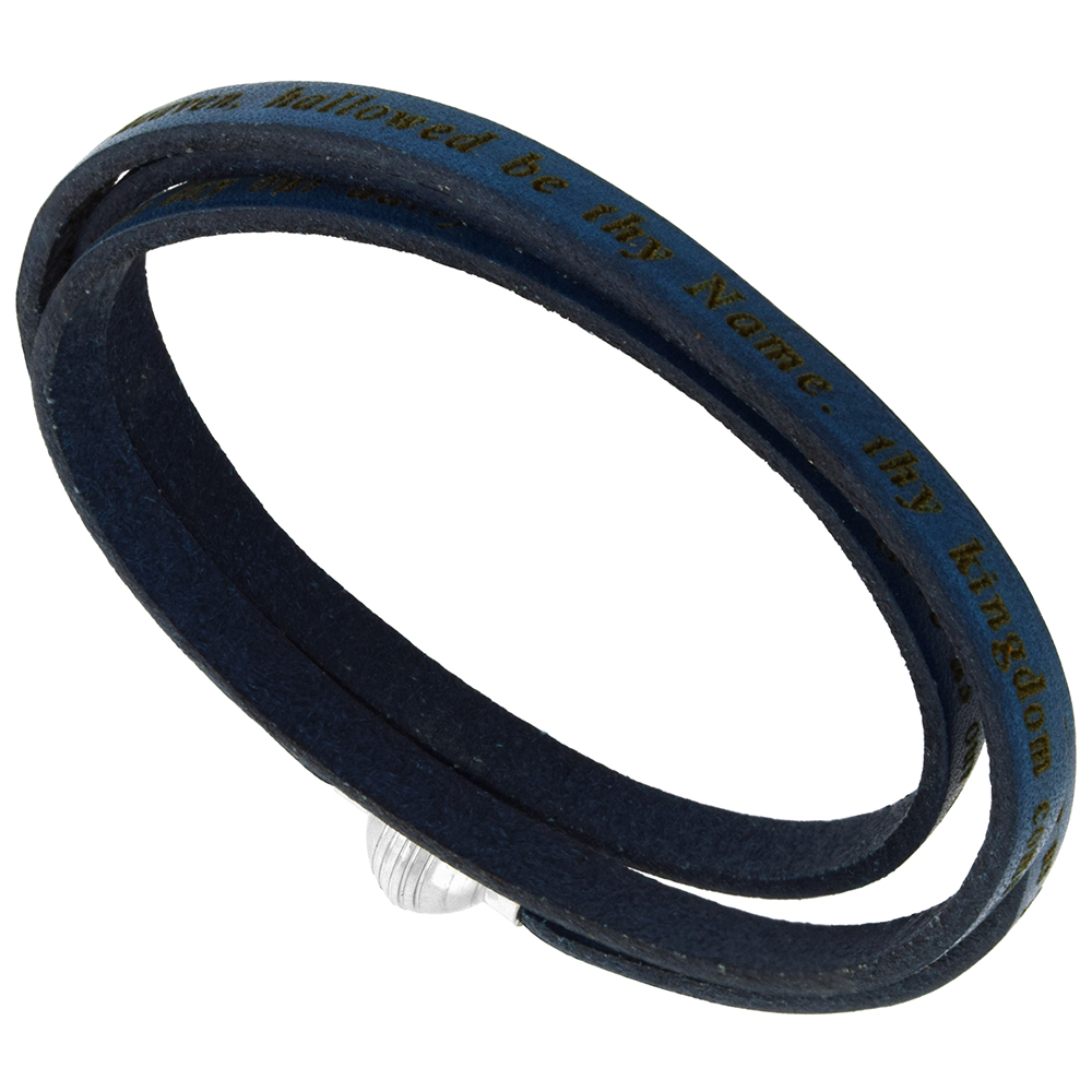 Italian Full Grain 3 Wrap Dark Blue Leather Lords Prayer Bracelet Stainless Steel Magnetic Clasp 21 inch