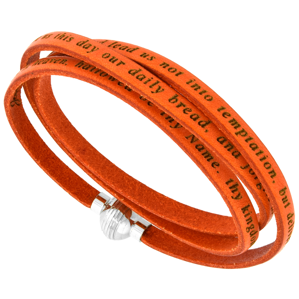 ITALIAN FULL GRAIN 3 WRAP ORANGE LEATHER LORDS PRAYER BRACELET STAINLESS STEEL MAGNETIC CLASP 22.5 INCH