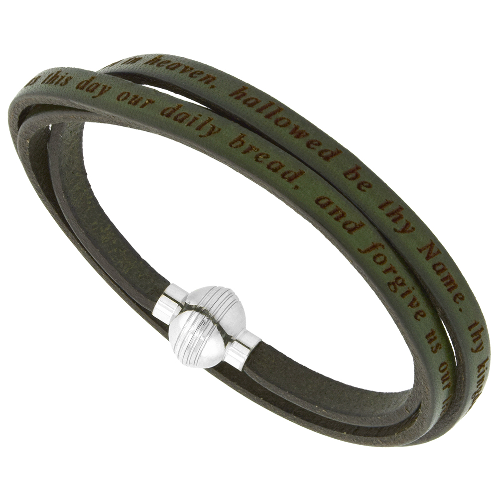 Italian Full Grain 3 Wrap Olive Green Leather Lords Prayer Bracelet Stainless Steel Magnetic Clasp 21 inch