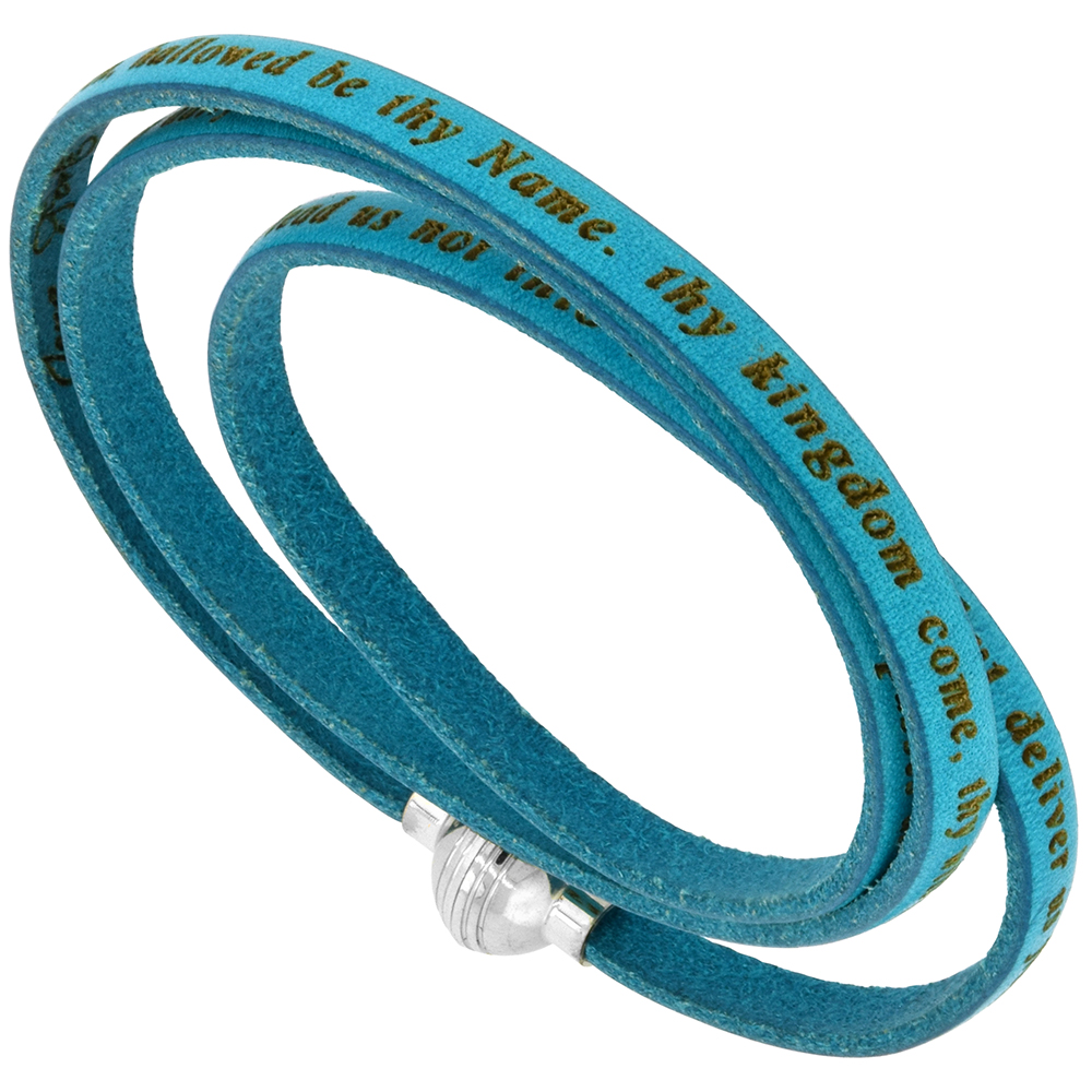 Italian Full Grain 3 Wrap Turquoise Color Leather Lords Prayer Bracelet Stainless Steel Magnetic Clasp 22.5 Inch