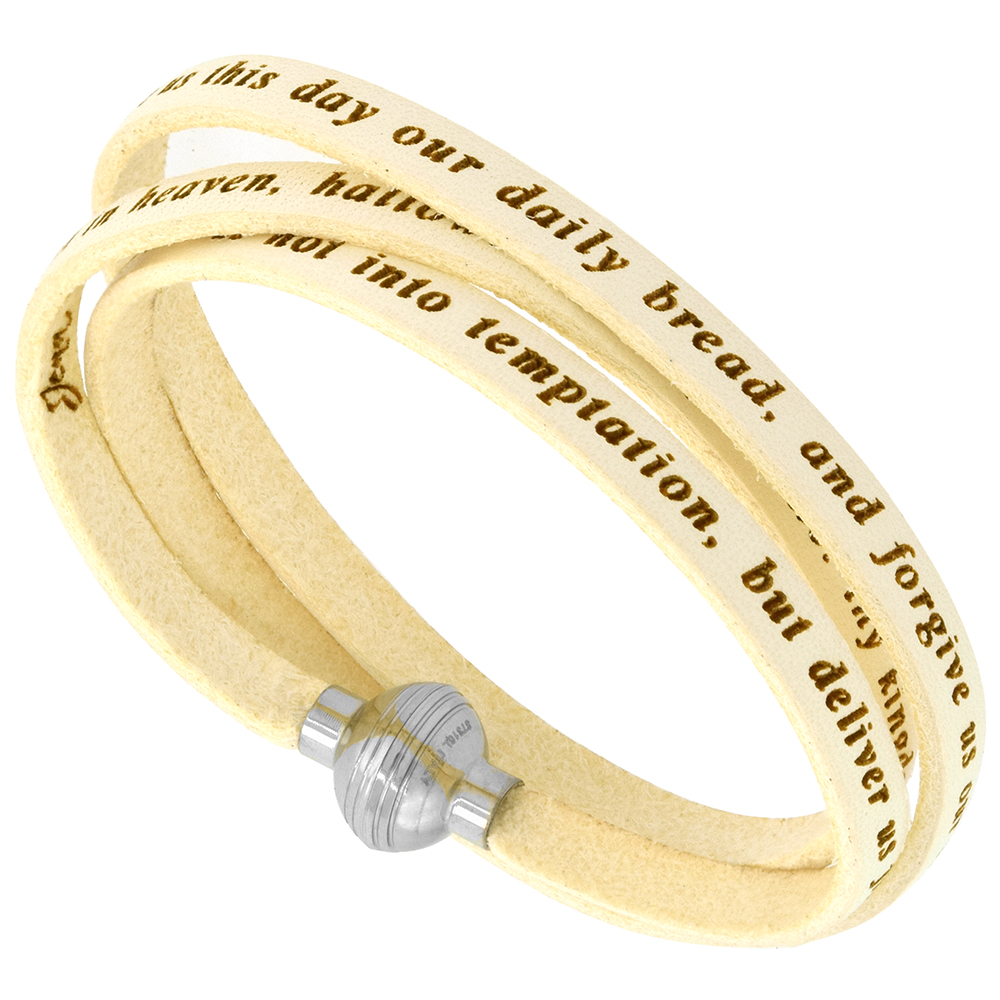 Leather Lords Prayer Bracelet White Full Grain 3 Wrap Stainless Steel Magnetic Clasp Italy 22.5 Inch
