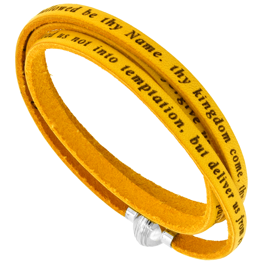 Italian Full Grain 3 Wrap Yellow Leather Lords Prayer Bracelet Stainless Steel Magnetic Clasp 21 inch