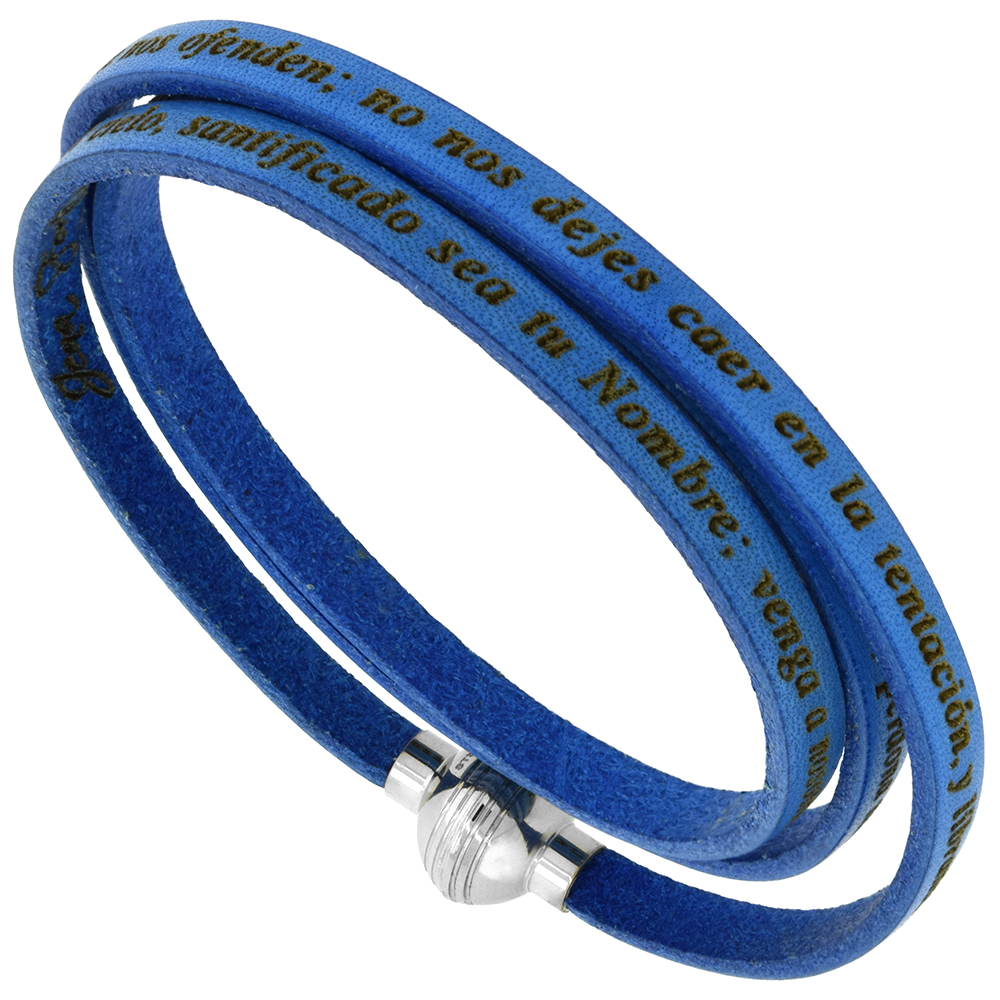 Italian Full Grain 3 Wrap Blue Leather Padre Nuestro Bracelet Stainless Steel Magnetic Clasp 24 inch