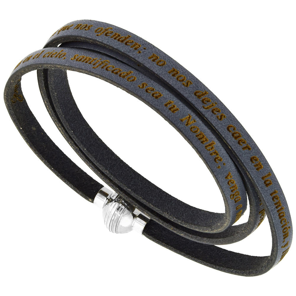 Italian Full Grain 3 Wrap Gray Leather Padre Nuestro Bracelet Stainless Steel Magnetic Clasp 21 inch