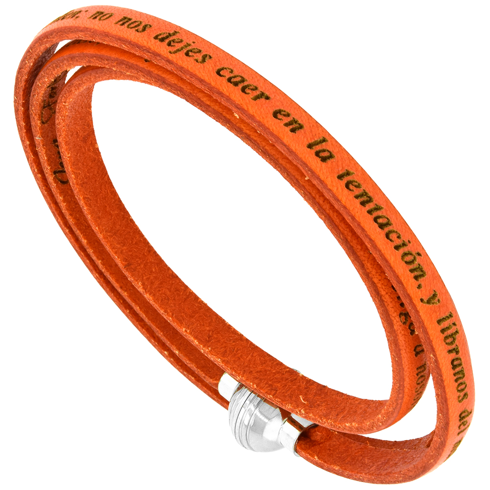 Italian Full Grain 3 Wrap Orange Leather Padre Nuestro Bracelet Stainless Steel Magnetic Clasp 21 inch