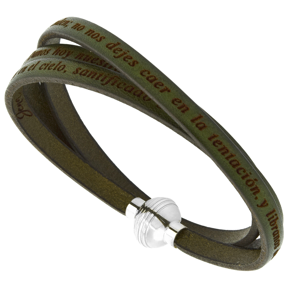 Italian Full Grain 3 Wrap Olive Green Leather Padre Nuestro Bracelet Stainless Steel Magnetic Clasp 21 inch