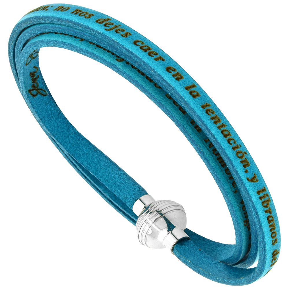 Italian Full Grain 3 Wrap Turquoise Leather Padre Nuestro Bracelet Stainless Steel Magnetic Clasp 21 inch