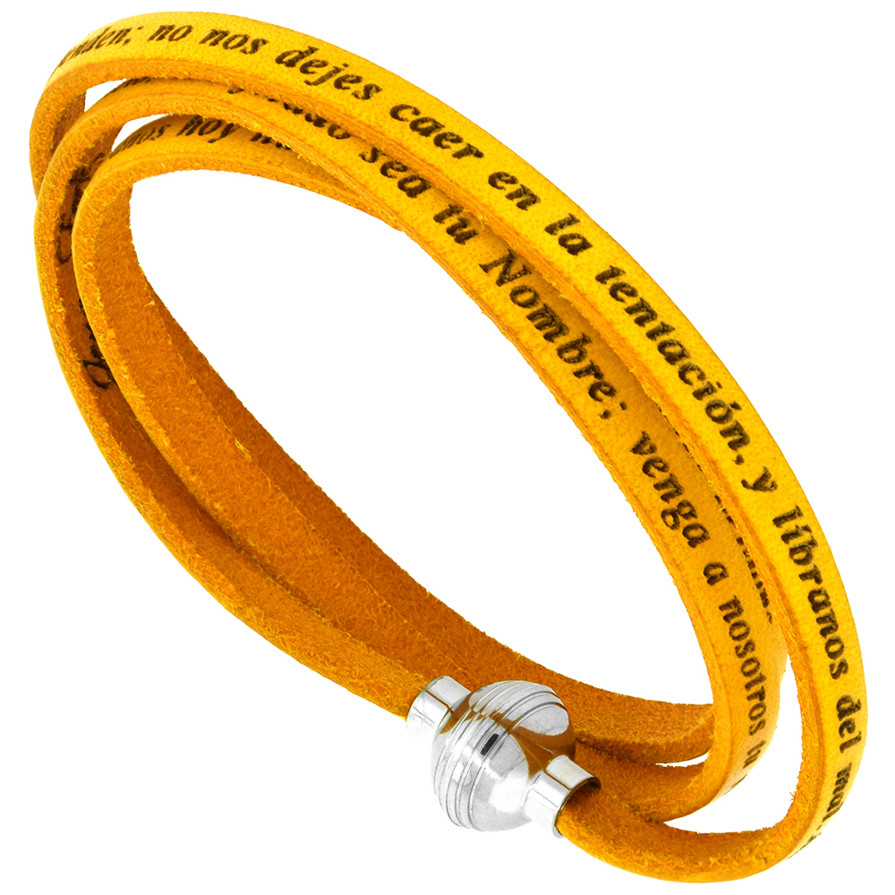 Italian Full Grain 3 Wrap Yellow Leather Padre Nuestro Bracelet Stainless Steel Magnetic Clasp 22.5 Inch