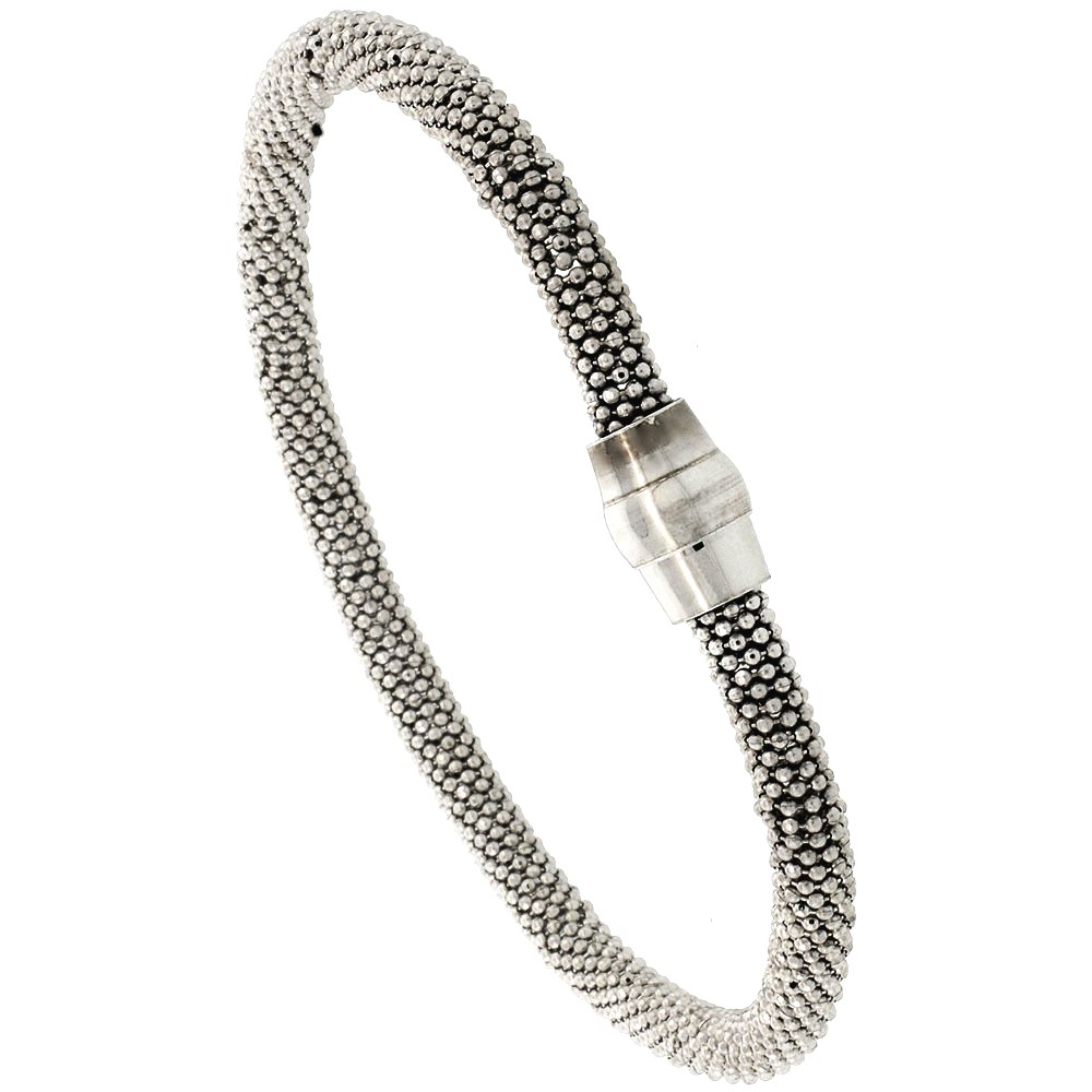Sterling Silver 7 inch Flexible Beaded Bangle Bracelet Magnetic Clasp Rhodium Finish