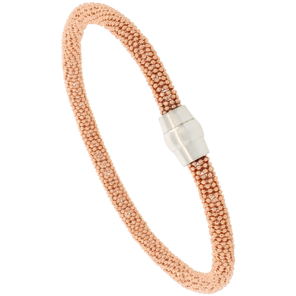 Sterling Silver 7 inch Flexible Beaded Bangle Bracelet Magnetic Clasp Rose Gold Finish