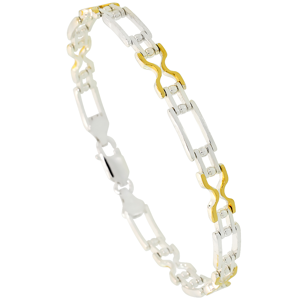 Sterling Silver Cut Out Hourglass & Bar Link Beaded Bracelet w/ Gold Finish (Available in 7 in. & 8 in.), 1/4 in. (6 mm) wide