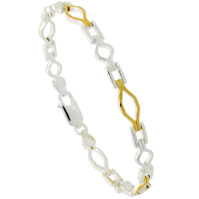 Sterling Silver Cut Out Shapes Link Bracelet w/ Gold Finish (Available in 7 in. &amp; 8 in.), 7/32 in. (5.5 mm) wide