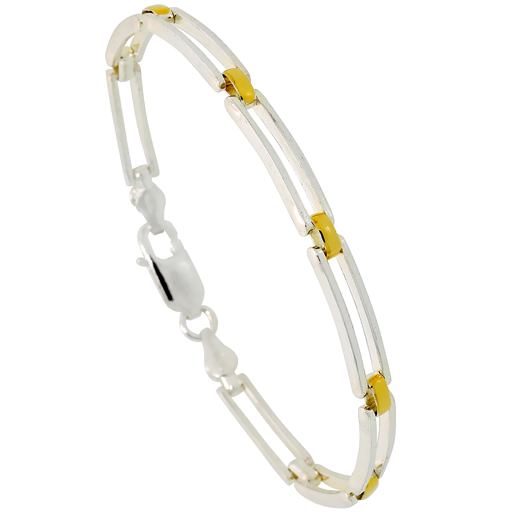 Sterling Silver Cut Out Bar Link Bracelet w/ Gold Finish (Available in 7 in. & 8 in.), 5/32 in. (4 mm) wide