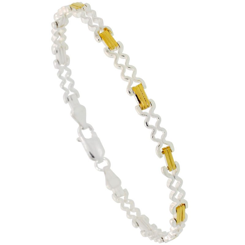 Sterling Silver Zigzag Link Bracelet w/ Gold Finish (Available in 7 in. &amp; 8 in.), 3/16 in. (5 mm) wide