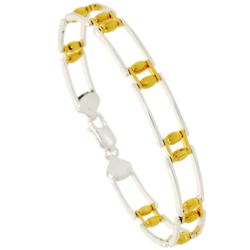 Sterling Silver Cut Out Bar Link Beaded Bracelet w/ Gold Finish (Available in 7 in. &amp; 8 in.), 5/16 in. (8.5 mm) wide