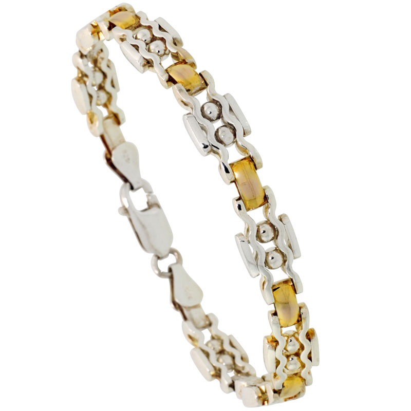 Sterling Silver ZigZag Bar Link Beaded Bracelet w/ Gold Finish (Available in 7 in. &amp; 8 in.), 9/32 in. (7 mm) wide