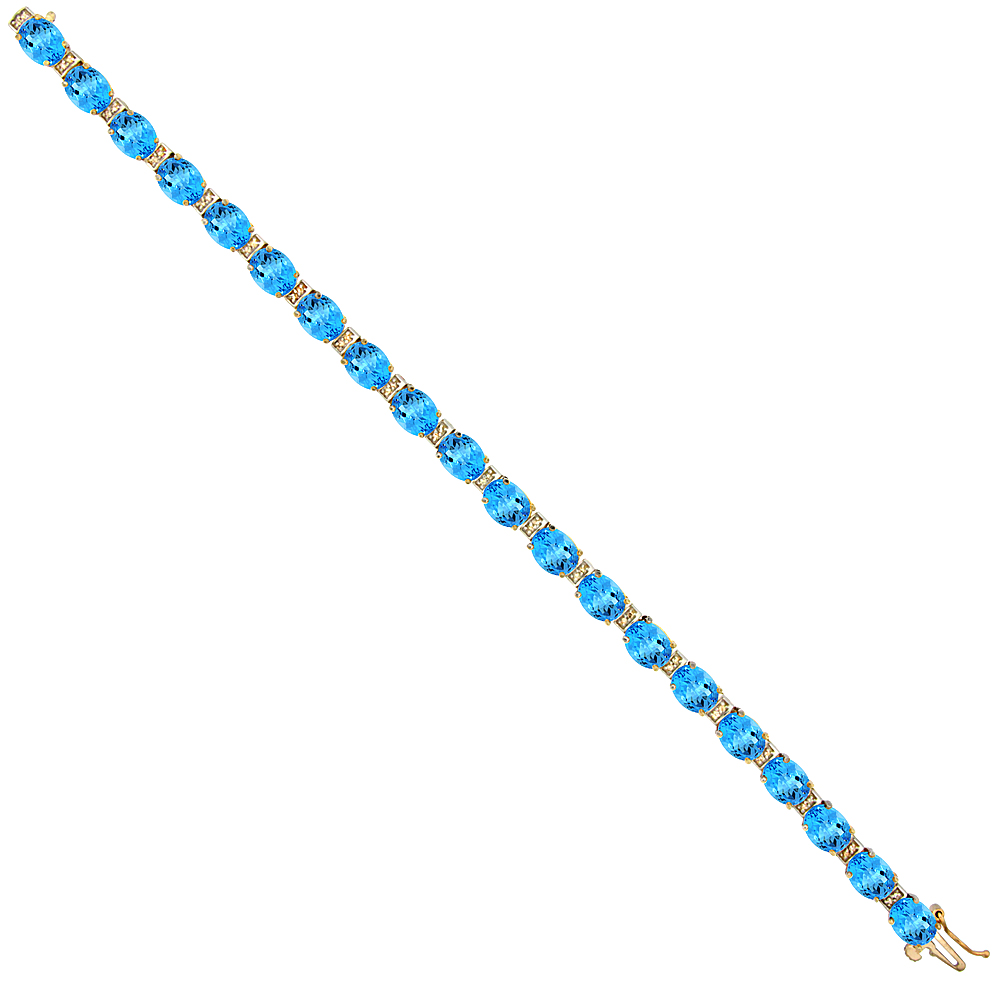 10K Yellow Gold Natural Swiss Blue Topaz Oval Tennis Bracelet 7x5 mm stones, 7 inches