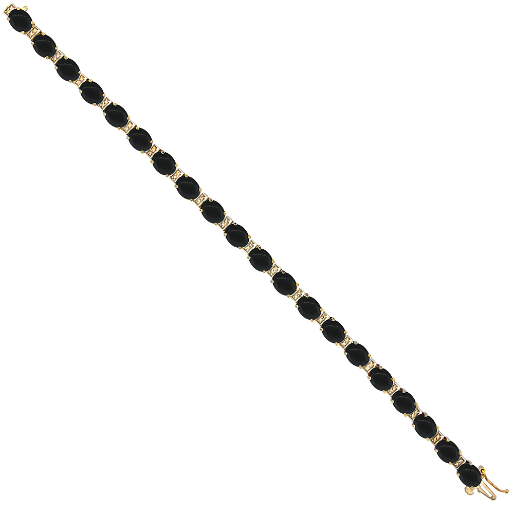 10K YELLOW GOLD NATURAL BLACK ONYX OVAL TENNIS BRACELET 7X5 MM STONES, 7 INCHES