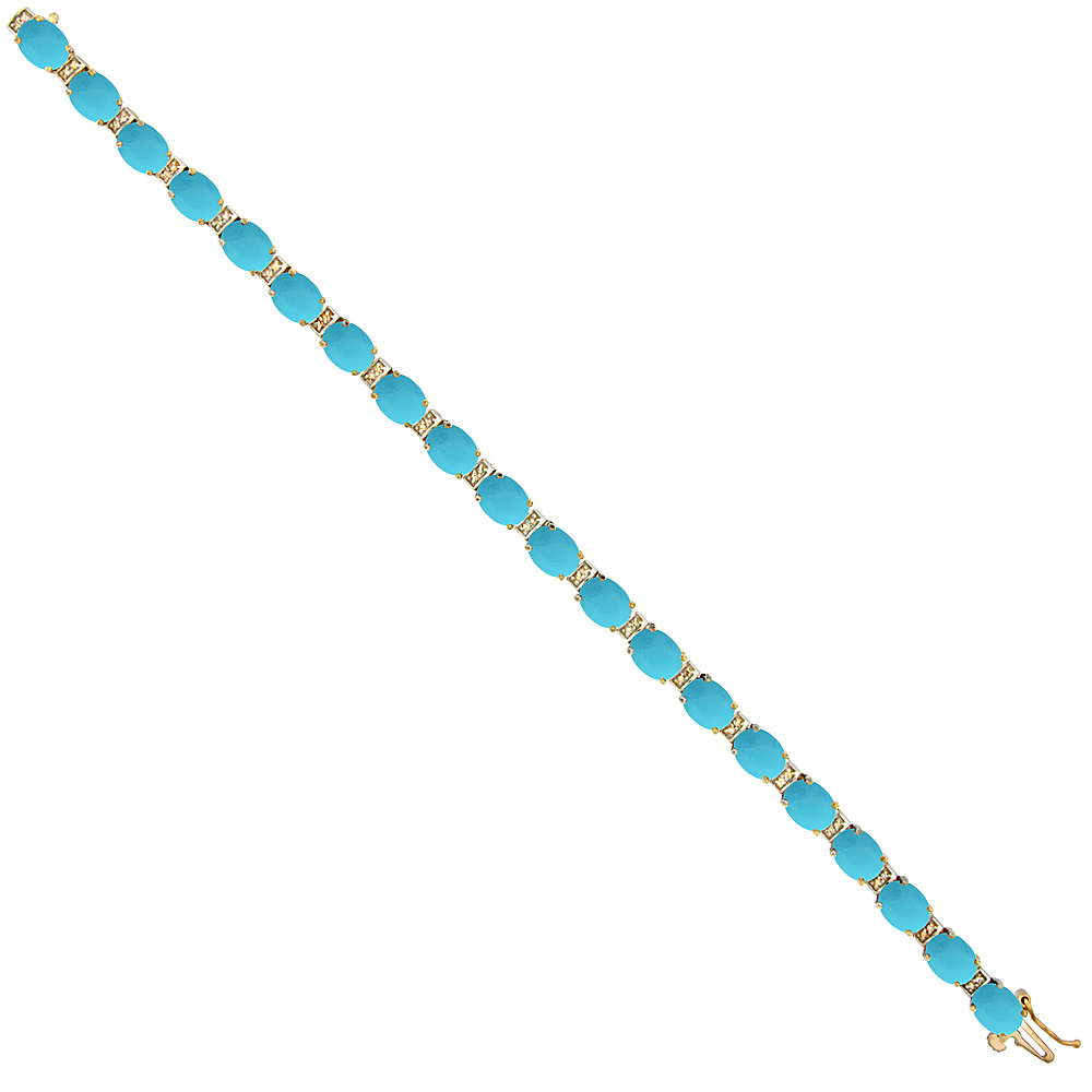 10K Yellow Gold Natural Turquoise Oval Tennis Bracelet 7x5 mm stones, 7 inches