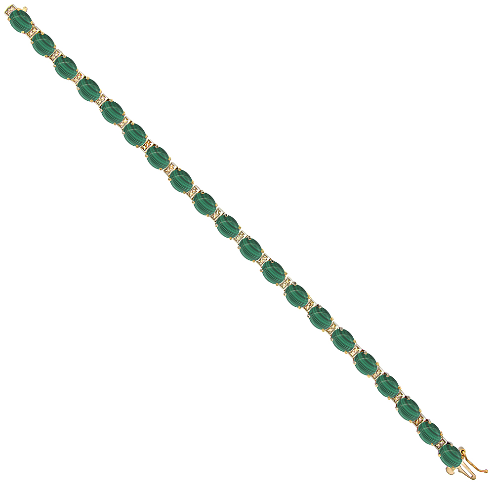 10K Yellow Gold Natural Malachite Oval Tennis Bracelet 7x5 mm stones, 7 inches