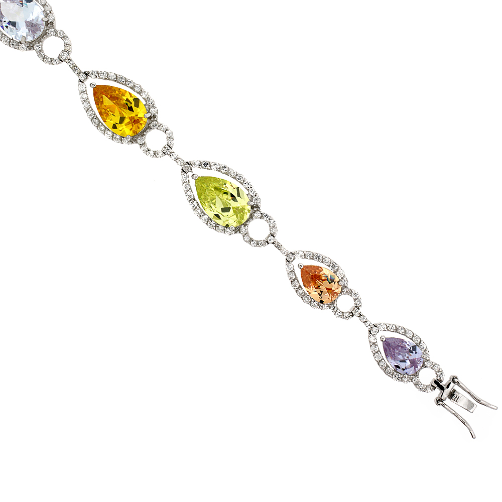 STERLING SILVER MULTI COLOR CUBIC ZIRCONIA TEARDROP BRACELET LADIES LARGE PEAR SHAPE STONES 14 MM WIDE 7 INCH