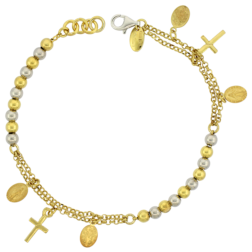 STERLING SILVER ROSARY BRACELET MIRACULOUS MEDAL 4 MM BEADS TWO-TONE GOLD FINISH ITALY 7 INCH