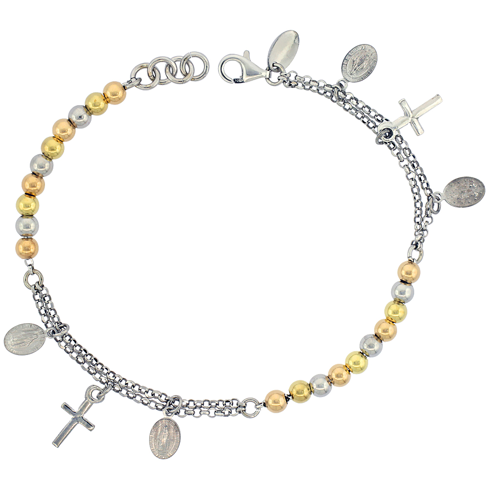 STERLING SILVER ROSARY BRACELET MIRACULOUS MEDAL 4 MM BEADS 3-TONE RHODIUM FINISH ITALY 7 INCH