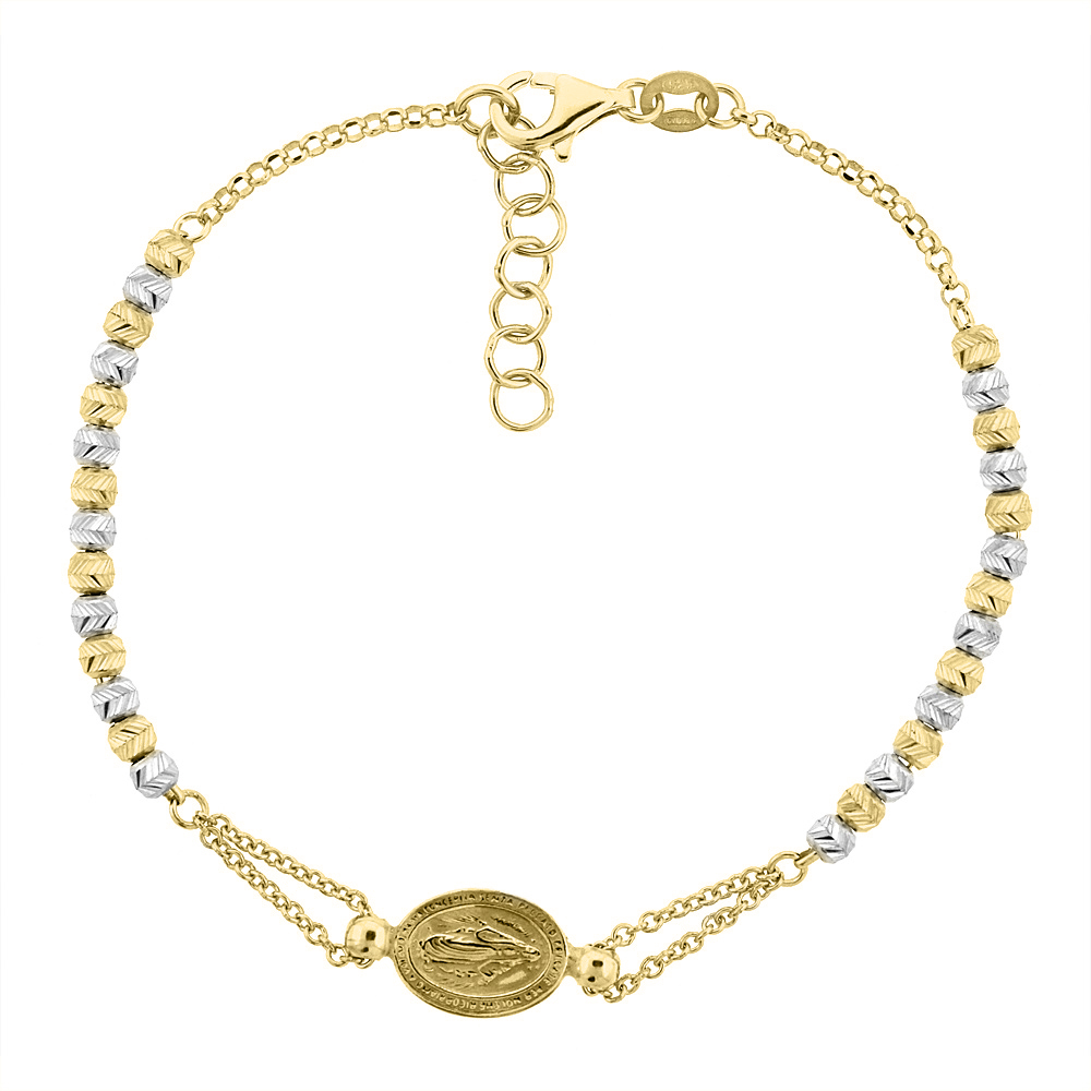 STERLING SILVER MIRACULOUS MEDAL BRACELET VIRGIN MARY DIAMOND CUT BEADS TWO-TONE FINISH ITALY