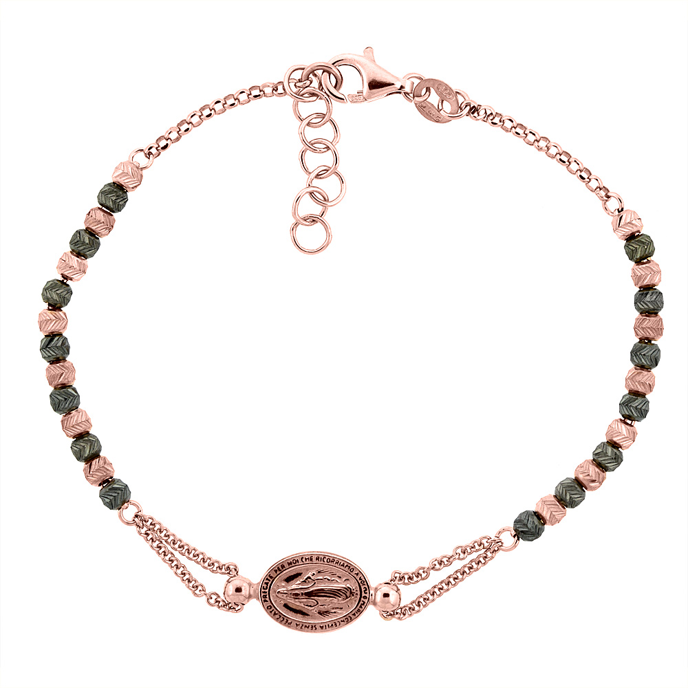 Sterling Silver Miraculous Medal Bracelet Virgin Mary Diamond Cut Beads Rose Gold finish Italy
