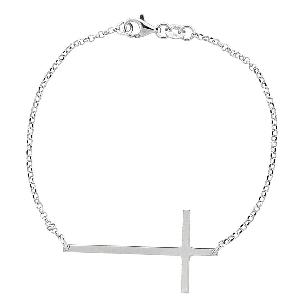 Sterling Silver Sideways Cross Bracelet for Women Rhodium Finish Italy, 7.5 inch