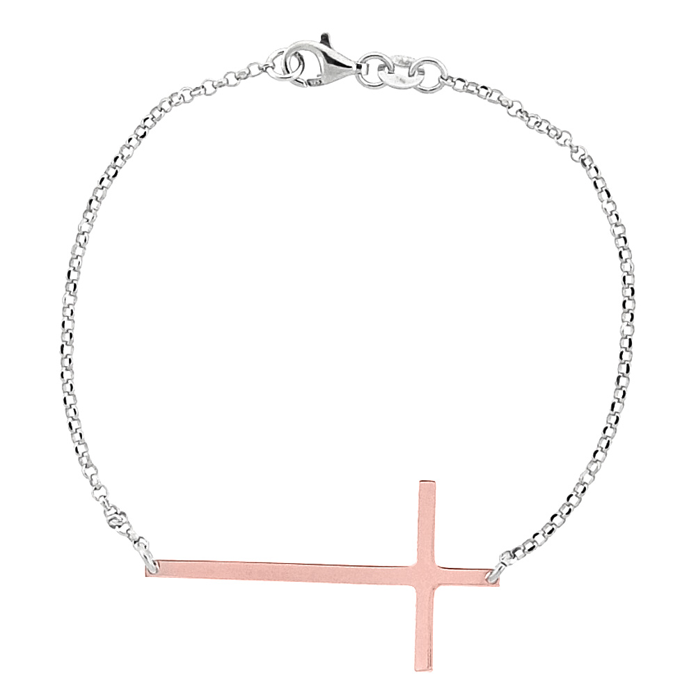 STERLING SILVER SIDEWAYS CROSS BRACELET FOR WOMEN ROSE GOLD FINISH ITALY, 7.5 INCH
