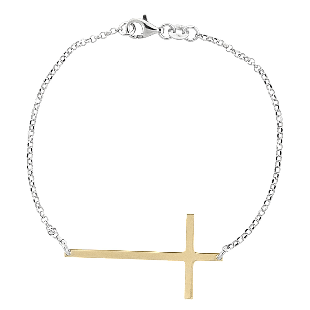 STERLING SILVER SIDEWAYS CROSS BRACELET FOR WOMEN GOLD FINISH ITALY, 7.5 INCH