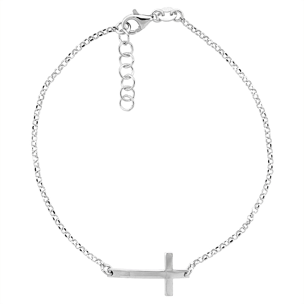 Sterling Silver Dainty Sideways Cross Bracelet for Women Italy, 7.5 - 8 inch