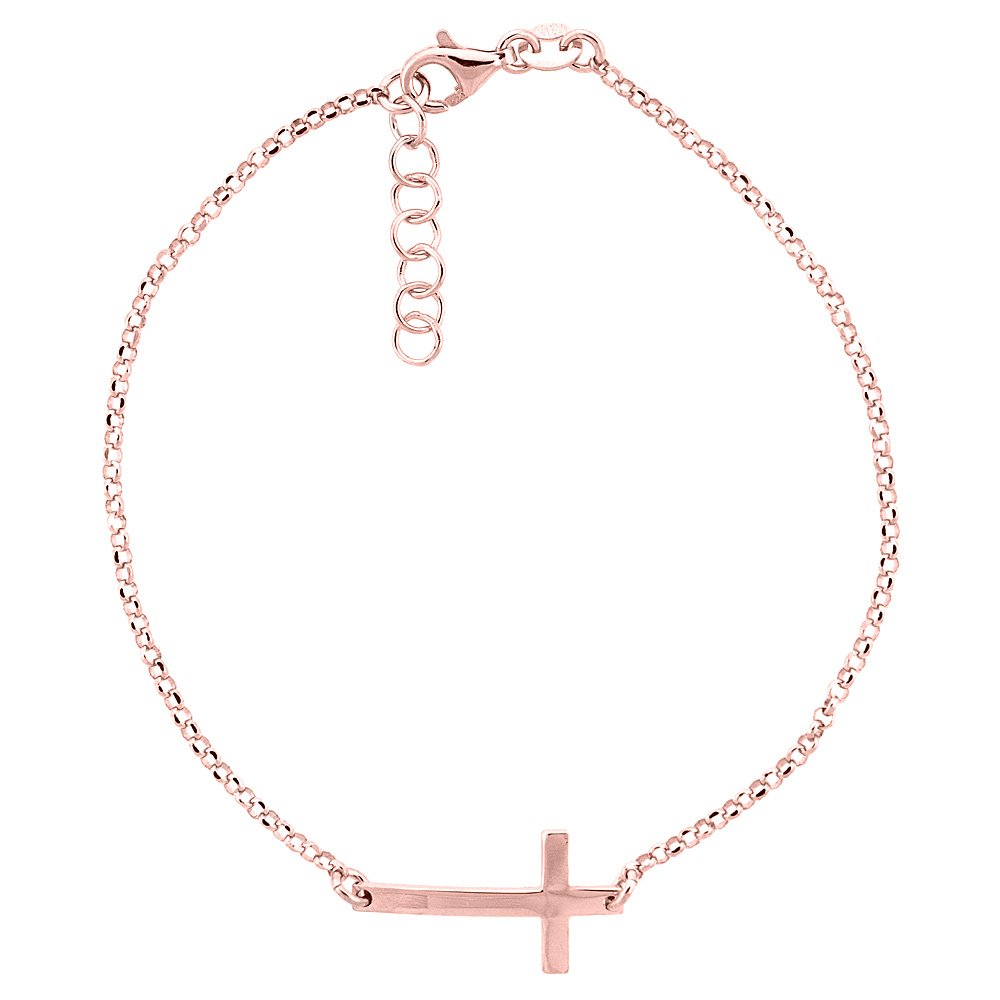 STERLING SILVER DAINTY SIDEWAYS CROSS BRACELET FOR WOMEN ROSE GOLD FINISH ITALY, 7.5 - 8 INCH