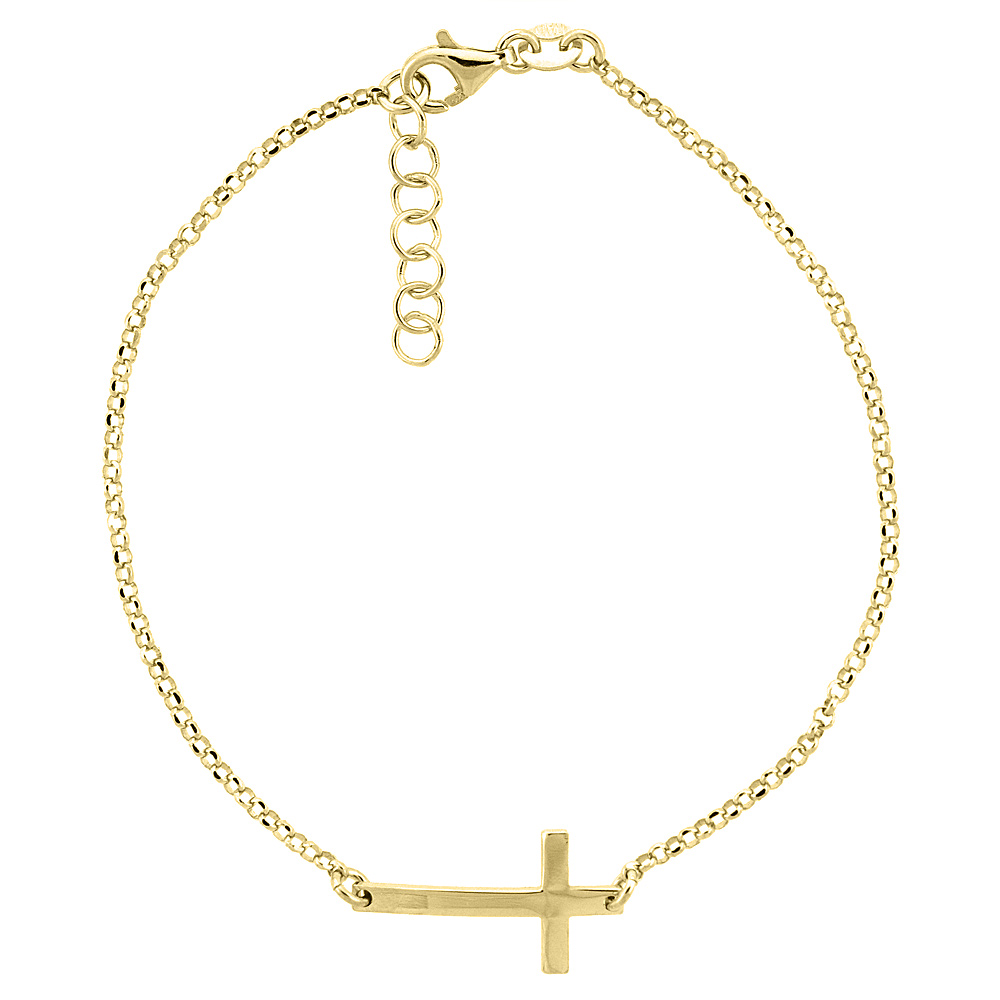 Sterling Silver Dainty Sideways Cross Bracelet for Women Gold Finish Italy, 7.5 - 8 inch