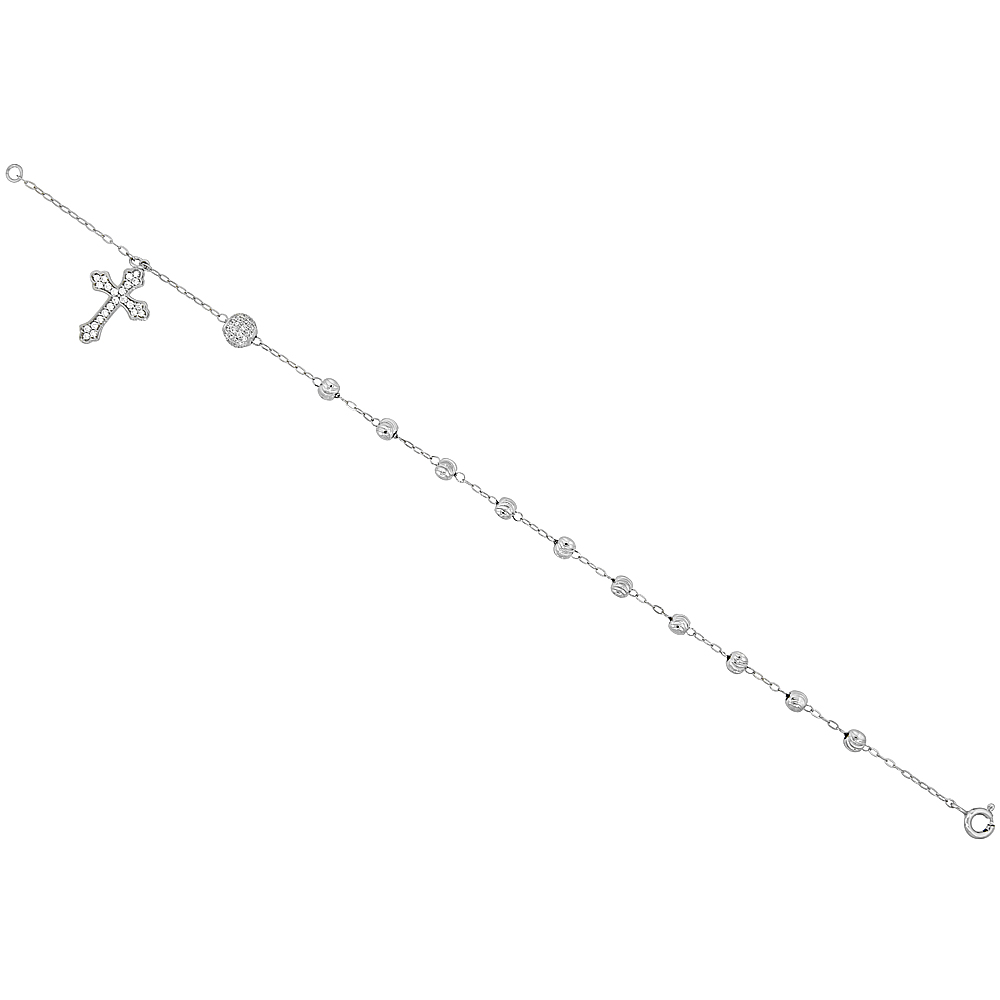 Sterling Silver Rosary Bracelet Diamond Cut Beads Cubic Zirconia Stones 7 - 8 inch
