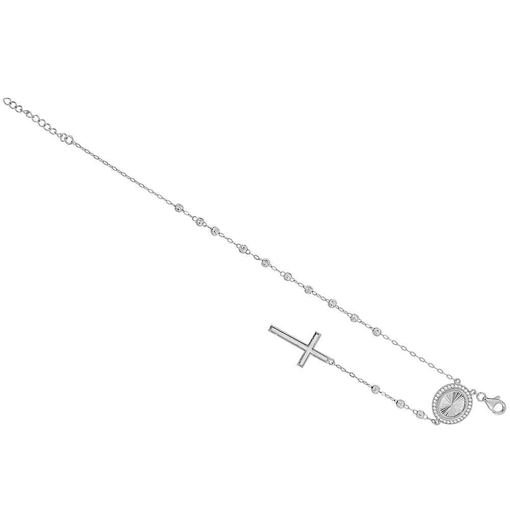 Sterling Silver Rosary Bracelet Enameled Cross Moon Cut Beads Cubic Zirconia  7 - 8 inch