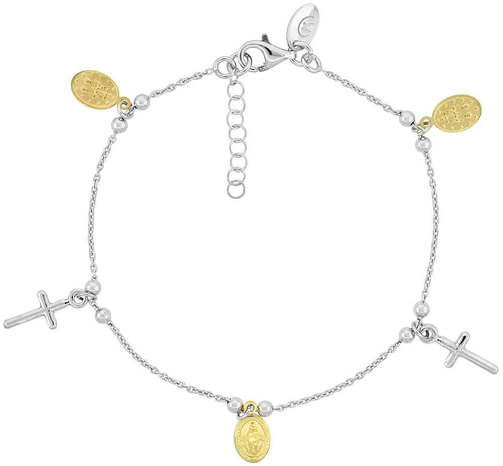 STERLING SILVER MIRACULOUS MEDAL BRACELET WITH CROSSES TWO-TONE GOLD FINISH ITALY 7 - 8 INCH