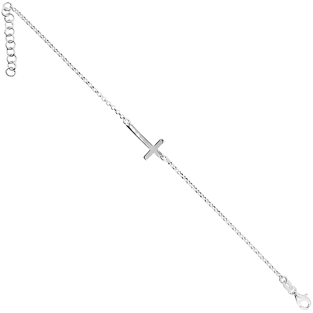 STERLING SILVER DAINTY SIDEWAYS CROSS BRACELET ITALY, 7 - 8 INCH