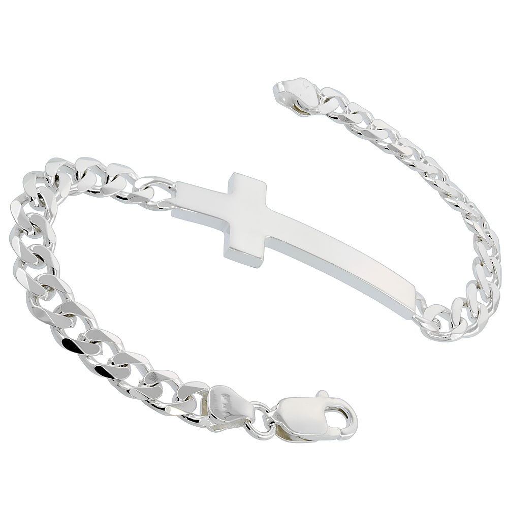 STERLING SILVER LARGE SIDEWAYS CROSS BRACELET FOR MEN AND WOMEN ITALY 7 AND 8 INCHES