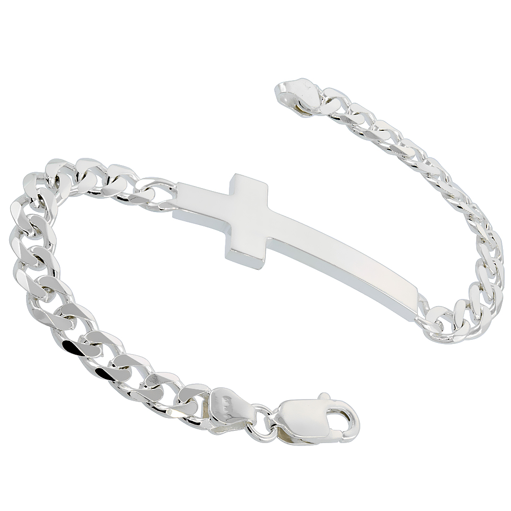 Sterling Silver Large Sideways Cross Bracelet for Men and Women Italy 7 and 8 inches