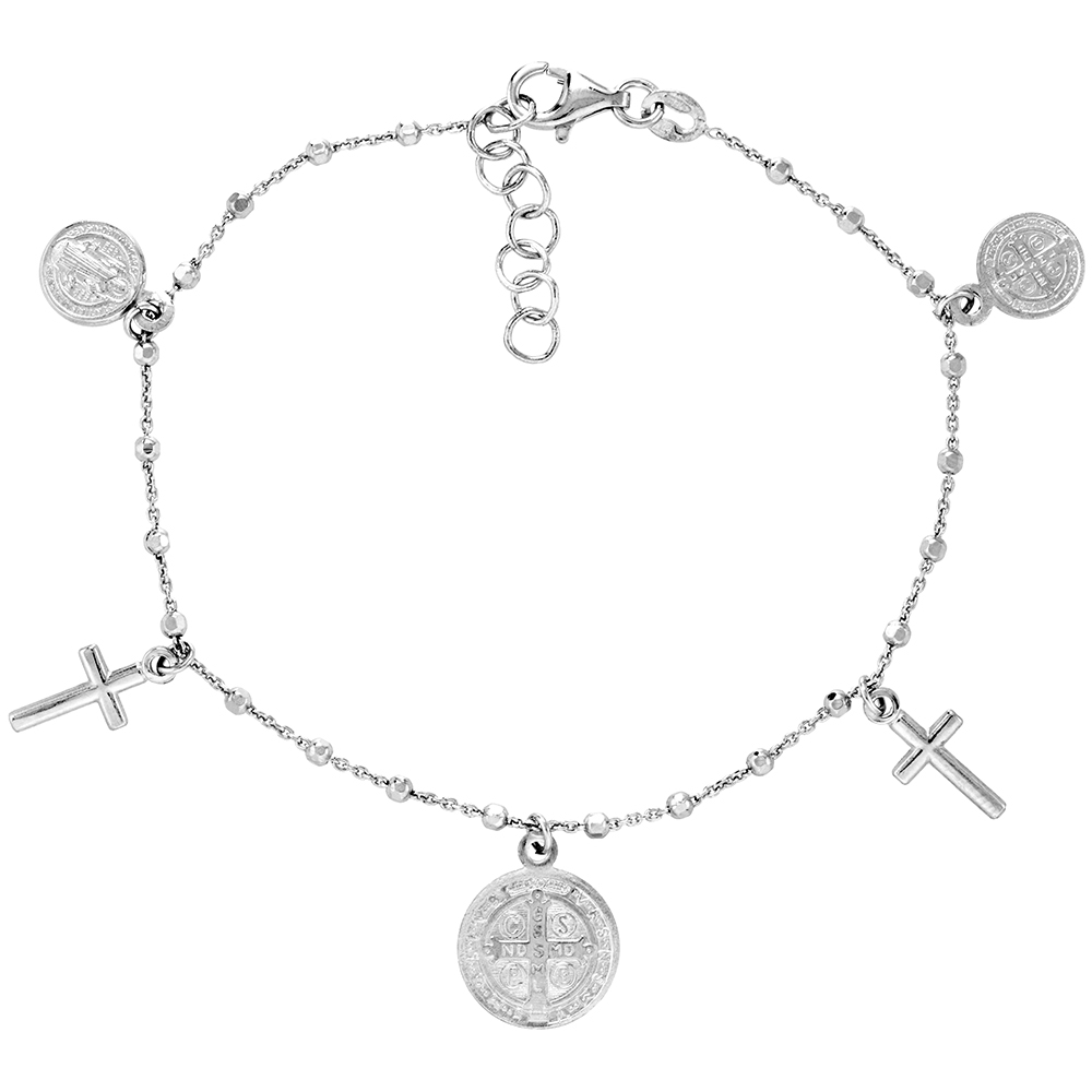 STERLING SILVER ST. BENEDICT BRACELET FOR WOMEN CROSSES 2MM BEADS RHODIUM 7-8 INCH