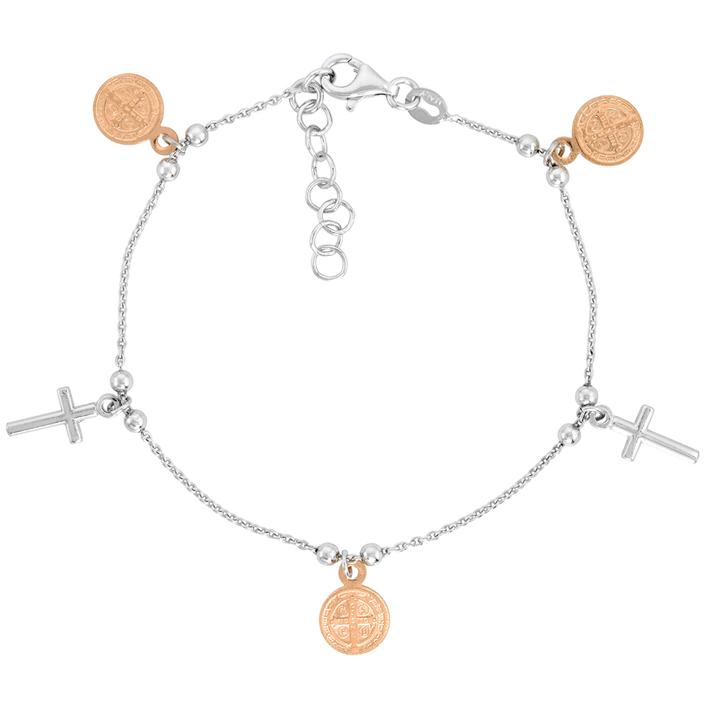 STERLING SILVER ST. BENEDICT BRACELET FOR WOMEN CROSSES BEAD SPACERS TWO-TONE 7-8 INCH