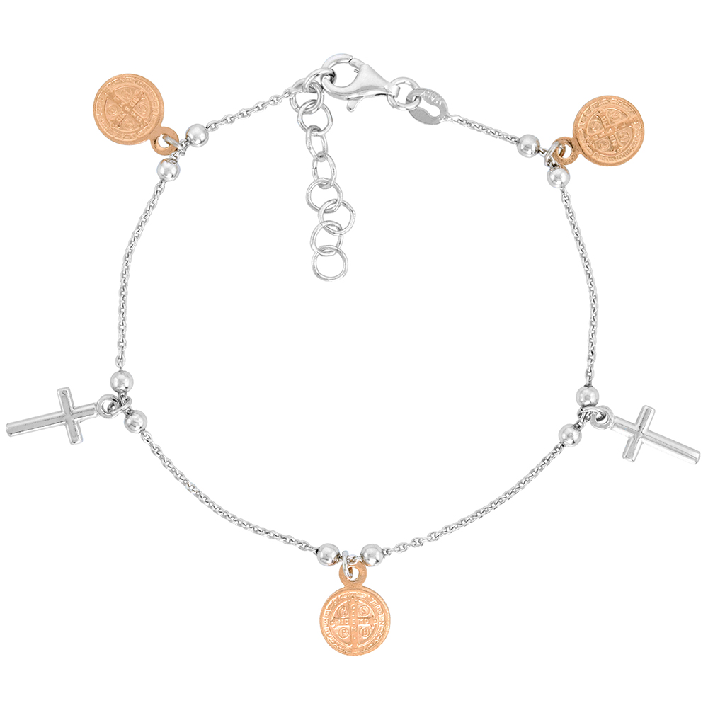 Sterling Silver St. Benedict Bracelet for Women Crosses Bead Spacers two-tone 7-8 inch