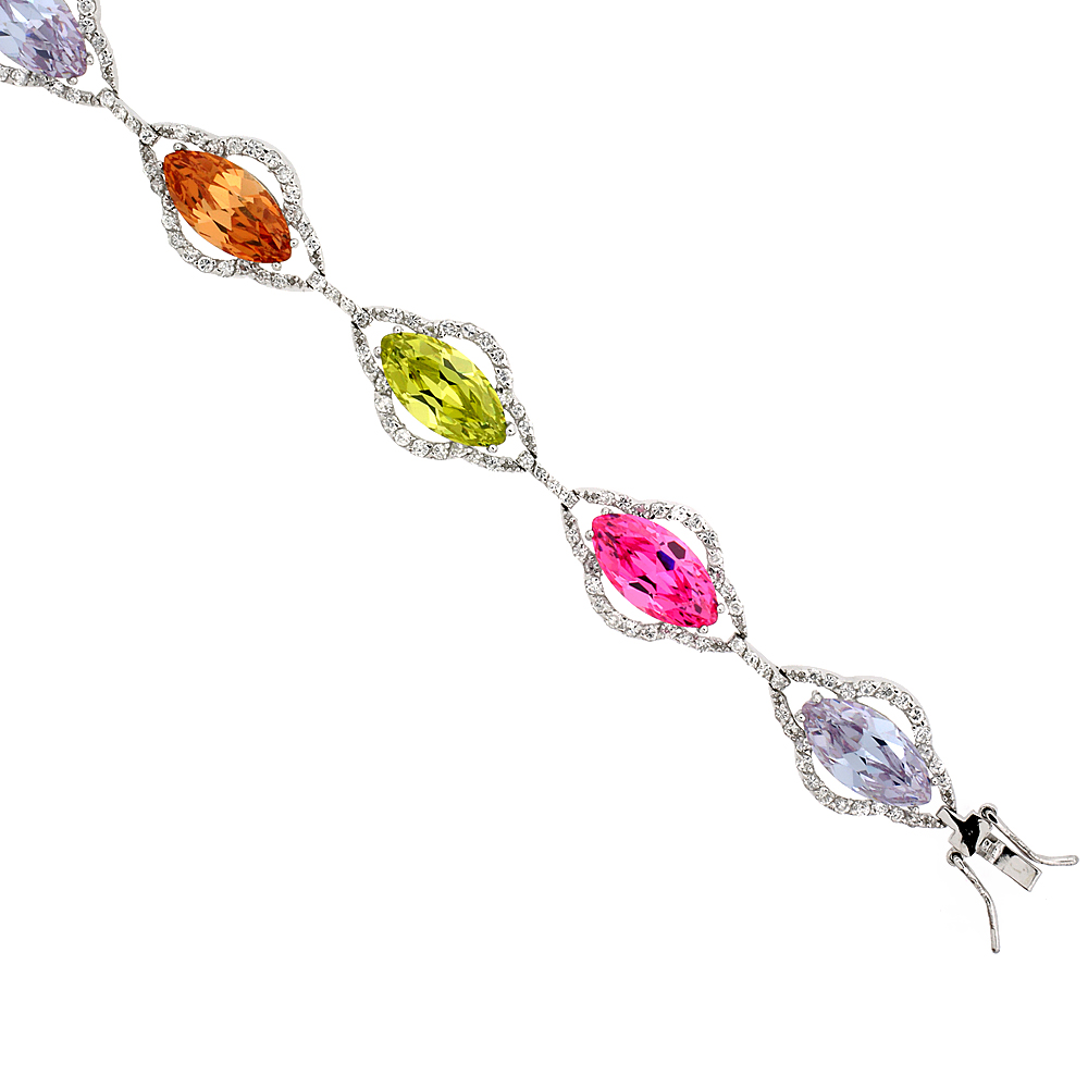 STERLING SILVER MULTI COLOR CUBIC ZIRCONIA MARQUISE BRACELET LADIES LARGE MARQUISE CUT 14 MM WIDE 7 INCH