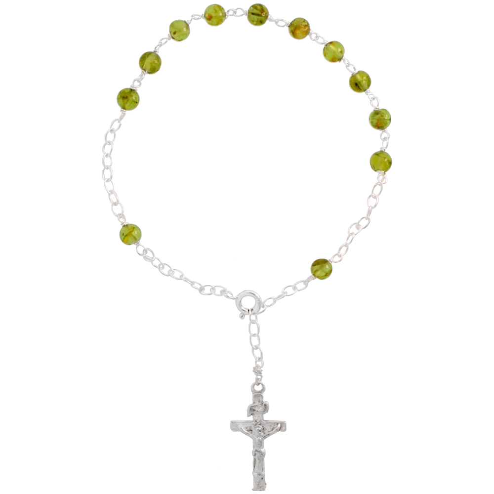 Sterling Silver Natural Peridot Rosary Bracelet 5 mm Beads, 7 1/4 inch long